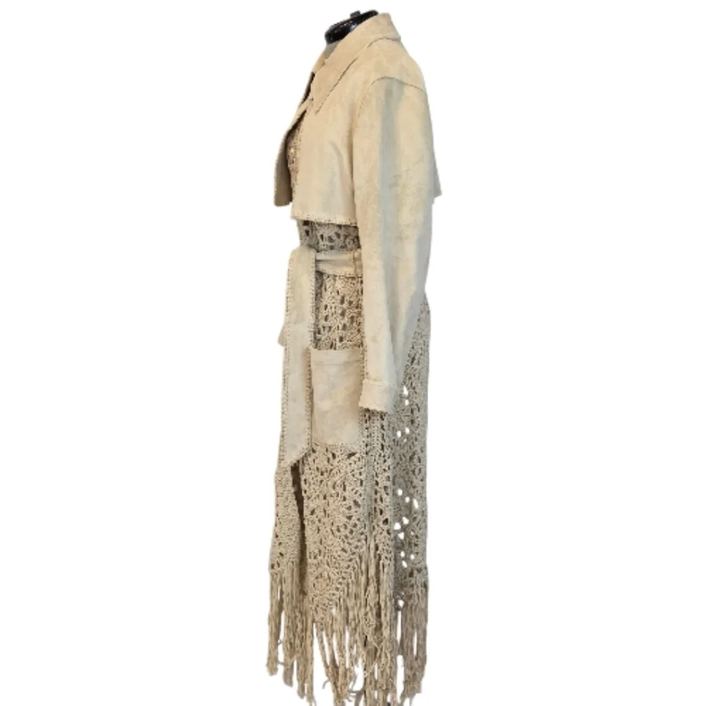 Jonathan Simkhai Yani Combo crochet and suede trench coat With Fringes, Beige M - Picture 12 of 16